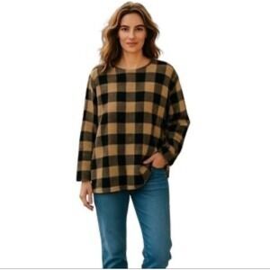 J. Jill XL Plaid Print Long Sleeve‎ Knit Top Pullover Brown Black